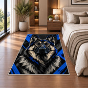K9 Shepherd Graphic police rug in a bedroom beside the bed