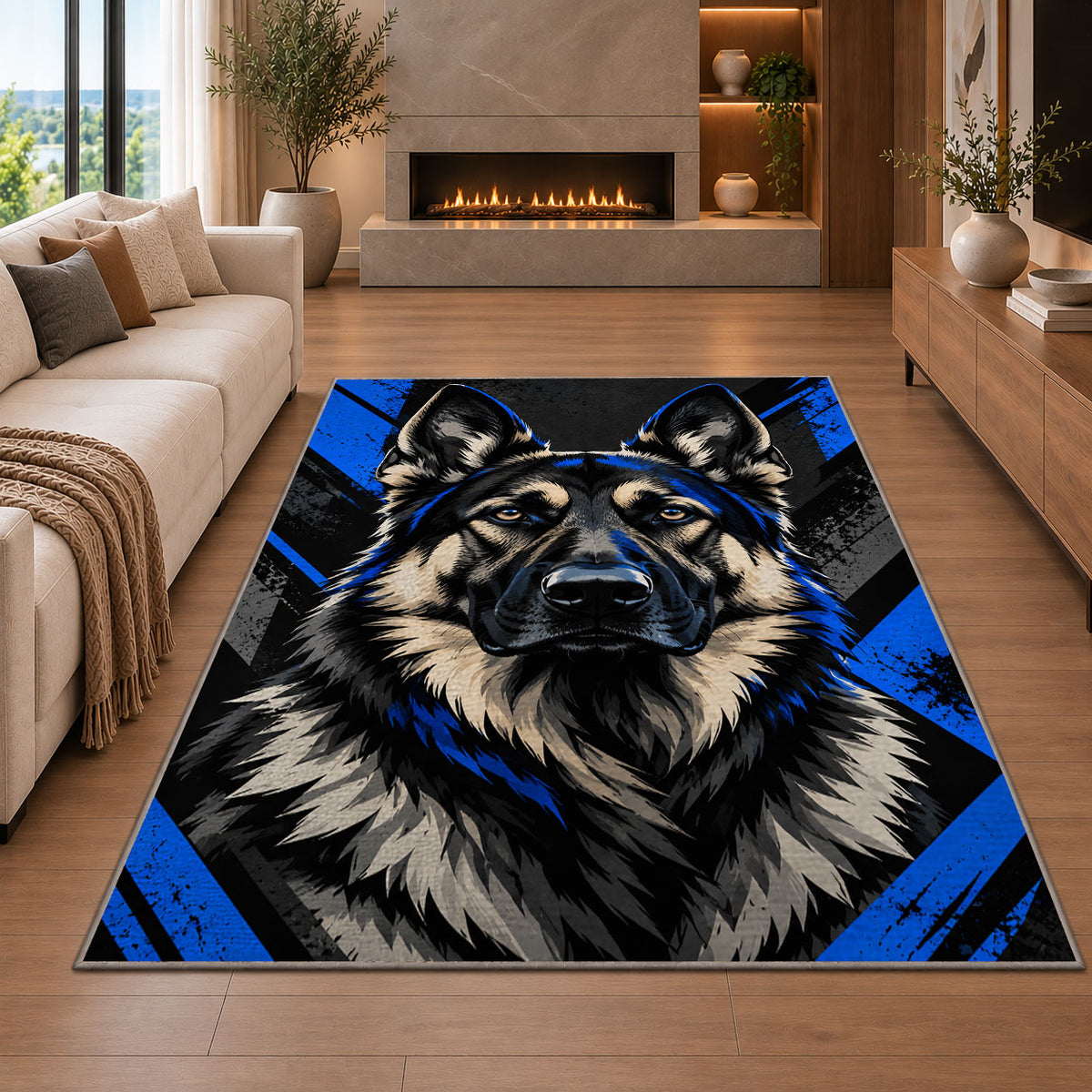 K9 Shepherd Graphic police rug in a living room with a fireplace