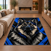 K9 Shepherd Graphic police rug in a living room with a fireplace