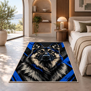 K9 Shepherd Graphic police rug in a bedroom with an arched window