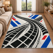 Tire Track Pattern police rug in a living room beside a sofa