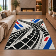 Tire Track Pattern police rug in a living room with a fireplace