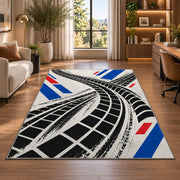 Tire Track Pattern police rug in a home office beside a desk