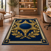 Gold Sheriff Star police rug in a study with an armchair and bookshelves