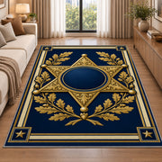 Gold Sheriff Star police rug in a living room beside a sofa