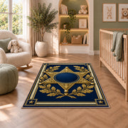 Gold Sheriff Star police rug in a nursery with a crib and armchair