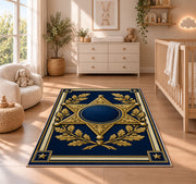 Gold Sheriff Star police rug in a nursery beside a crib