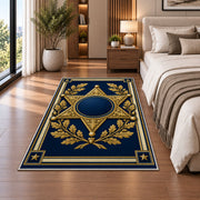 Gold Sheriff Star police rug in a bedroom beside the bed