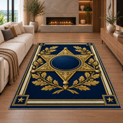 Gold Sheriff Star police rug in a living room with a fireplace