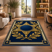 Gold Sheriff Star police rug in a home office beside a desk