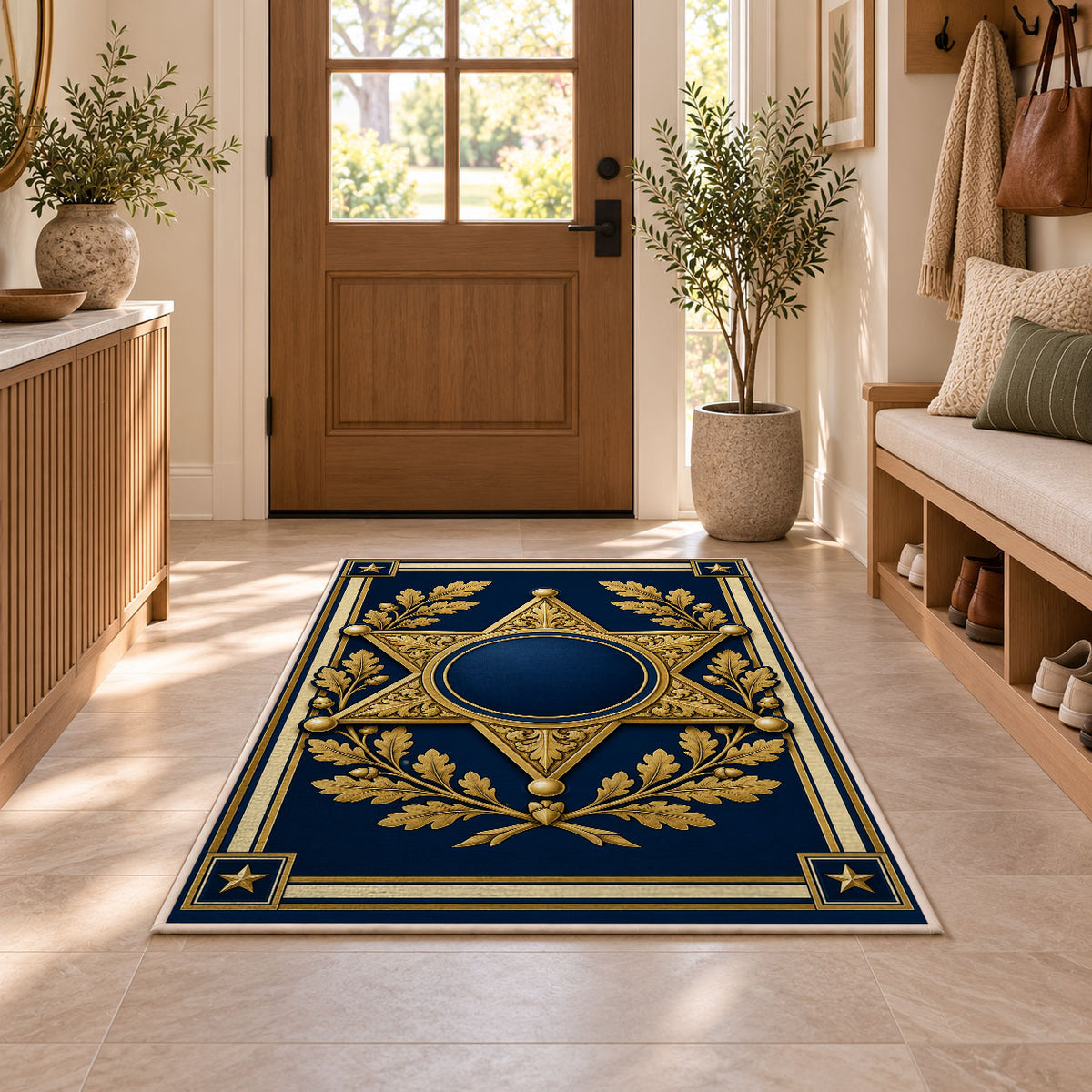 Gold Sheriff Star police rug in an entryway