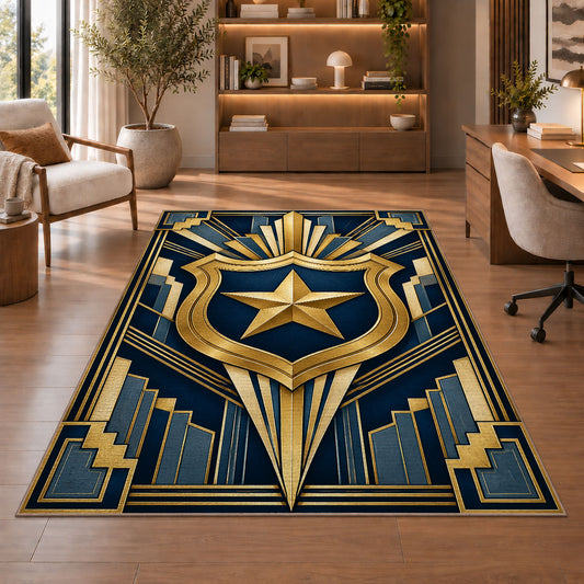 Art Deco Shield and Star police rug in a study with an armchair and bookshelves