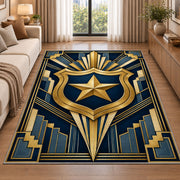 Art Deco Shield and Star police rug in a living room beside a sofa