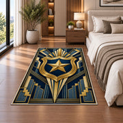 Art Deco Shield and Star police rug in a bedroom beside the bed