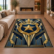 Art Deco Shield and Star police rug in a living room with a fireplace