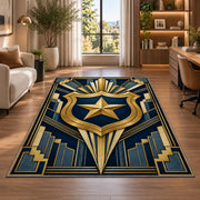 Art Deco Shield and Star police rug in a home office beside a desk
