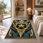 Art Deco Shield and Star police rug in a bedroom with an arched window