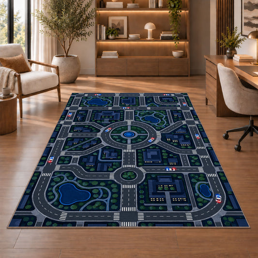 Night City Road Play Map police rug in a study with an armchair and bookshelves
