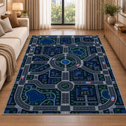 Night City Road Play Map police rug in a living room beside a sofa