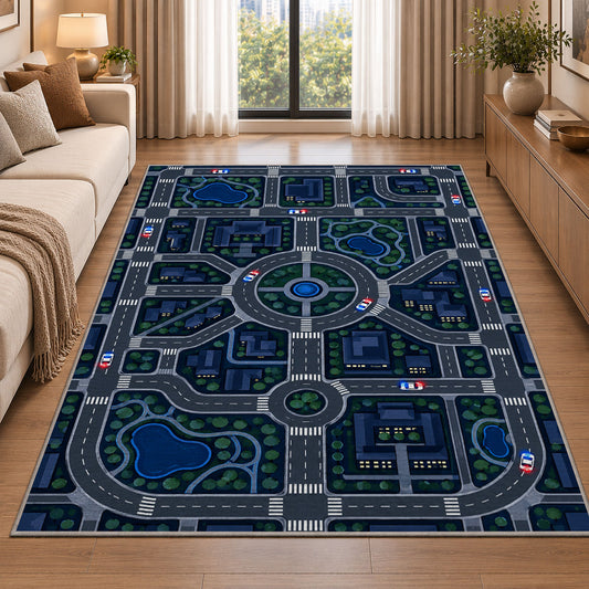Night City Road Play Map police rug in a living room beside a sofa