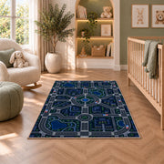 Night City Road Play Map police rug in a nursery with a crib and armchair