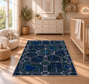 Night City Road Play Map police rug in a nursery beside a crib