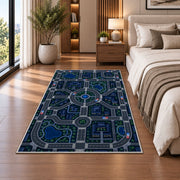 Night City Road Play Map police rug in a bedroom beside the bed
