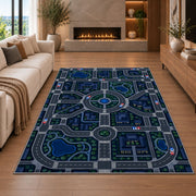 Night City Road Play Map police rug in a living room with a fireplace