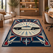 Vintage Patrol Car Sunburst police rug in a study with an armchair and bookshelves