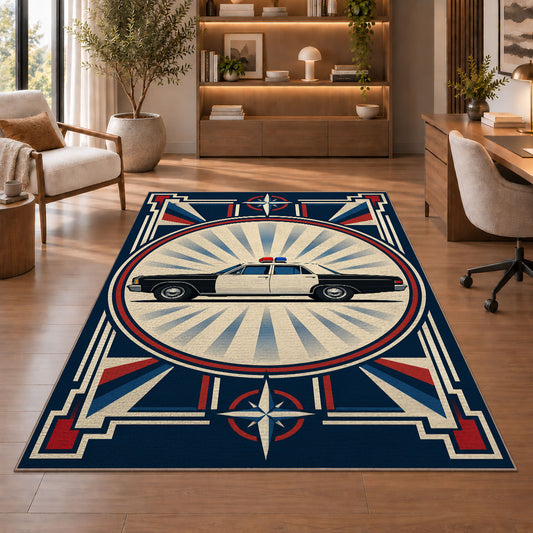 Vintage Patrol Car Sunburst police rug in a study with an armchair and bookshelves