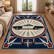 Vintage Patrol Car Sunburst police rug in a living room beside a sofa