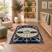 Vintage Patrol Car Sunburst police rug in a nursery with a crib and armchair