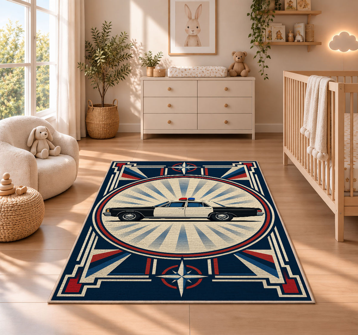 Vintage Patrol Car Sunburst police rug in a nursery beside a crib