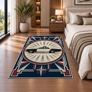 Vintage Patrol Car Sunburst police rug in a bedroom beside the bed