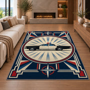 Vintage Patrol Car Sunburst police rug in a living room with a fireplace