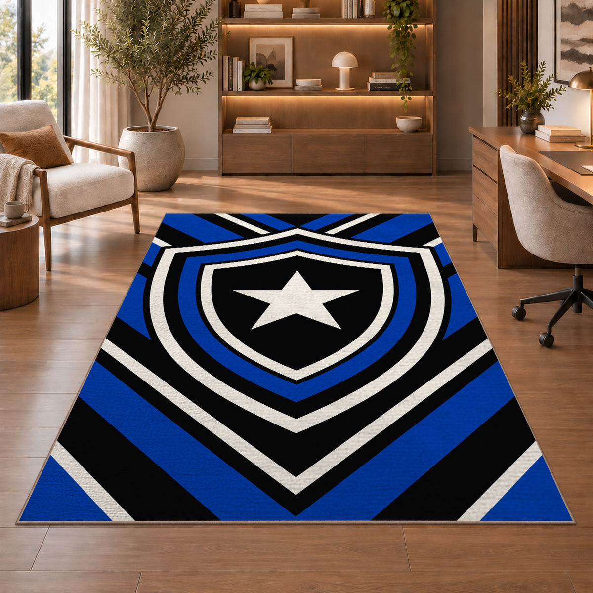 Blue Line Shield Star police rug in a study with an armchair and bookshelves