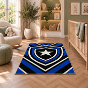 Blue Line Shield Star police rug in a nursery with a crib and armchair