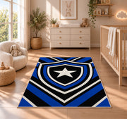 Blue Line Shield Star police rug in a nursery beside a crib