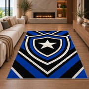 Blue Line Shield Star police rug in a living room with a fireplace