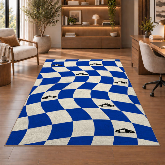 Wavy Checker with Patrol Cars police rug in a study with an armchair and bookshelves