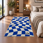 Wavy Checker with Patrol Cars police rug in a bedroom beside the bed