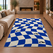 Wavy Checker with Patrol Cars police rug in a living room with a fireplace