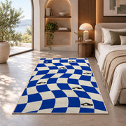 Wavy Checker with Patrol Cars police rug in a bedroom with an arched window