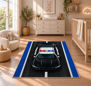 Police Car on the Road police rug in a nursery beside a crib