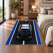 Police Car on the Road police rug in a bedroom beside the bed
