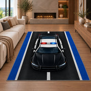 Police Car on the Road police rug in a living room with a fireplace