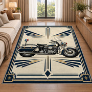 Police Motorcycle Art Deco police rug in a living room beside a sofa