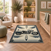 Police Motorcycle Art Deco police rug in a nursery with a crib and armchair