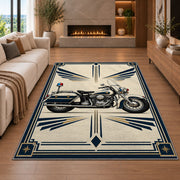 Police Motorcycle Art Deco police rug in a living room with a fireplace
