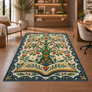 Tree of Books Folk Art area rug in a study with an armchair and bookshelves